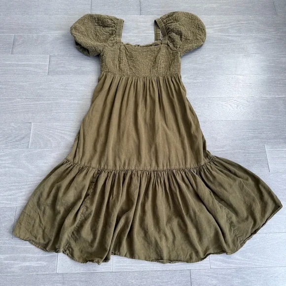 Madewell Tiered Midi Dress Quilted Hemp Blend Olive Green NH112 Size 10 Boho - Picture 13 of 15